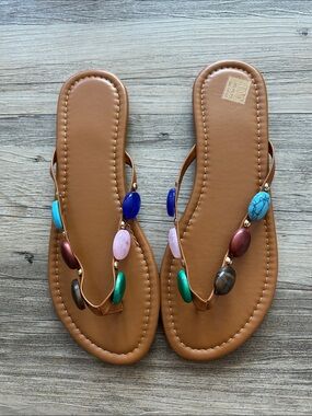 Beaded Brown Women’s T-Strap Sandals